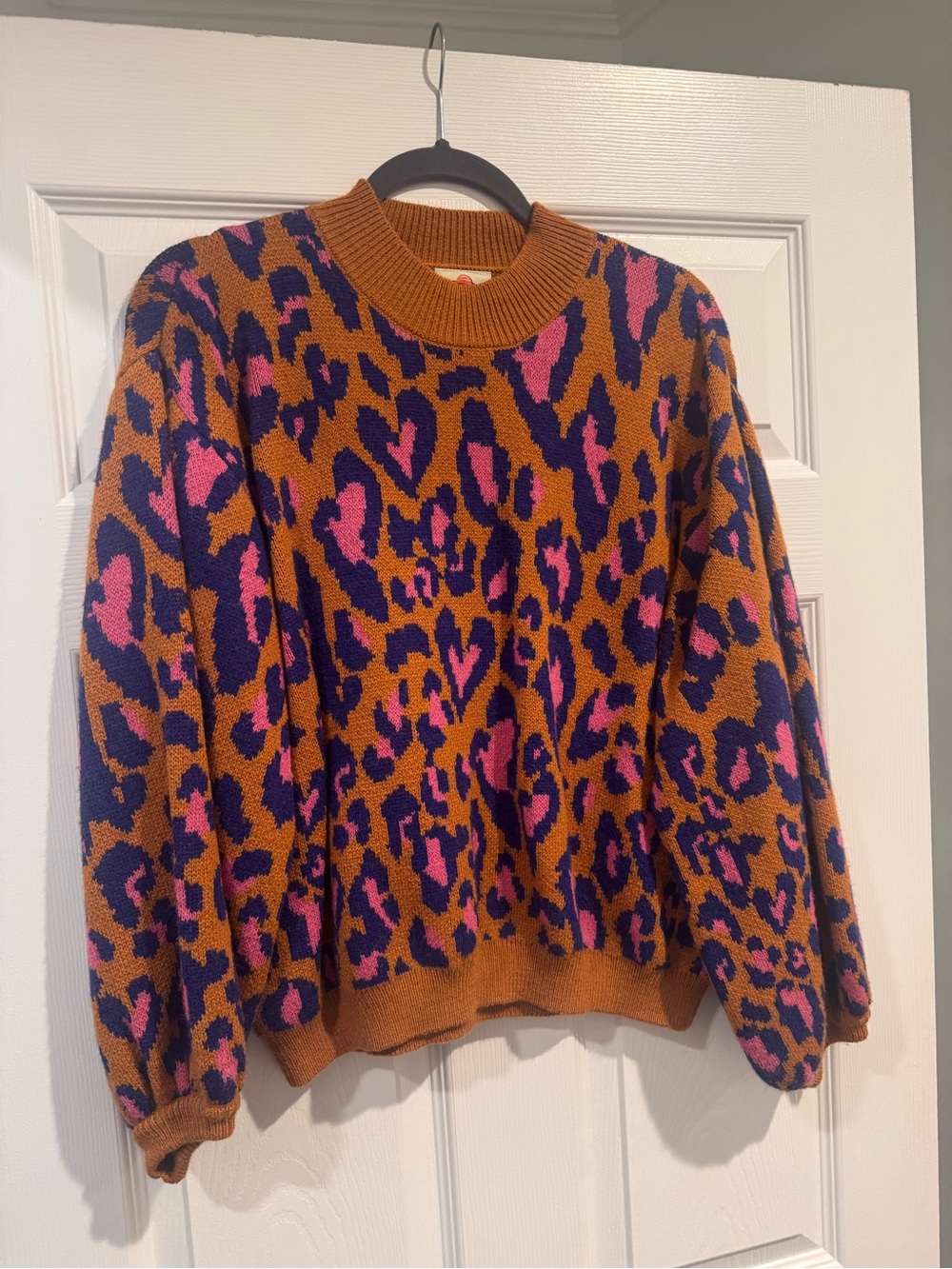 FARM Rio Leopard-Print Crewneck Sweater in Rust, Purple & Pink